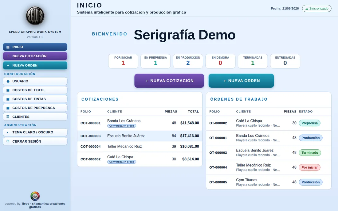 Pantalla de inicio del SGWS con cotizaciones y órdenes de trabajo
